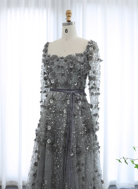 Dreamy Grey A-Line Square Neck Long Sleeve 3D Floral Sequin Tulle Long Prom Dress Evening Dress
