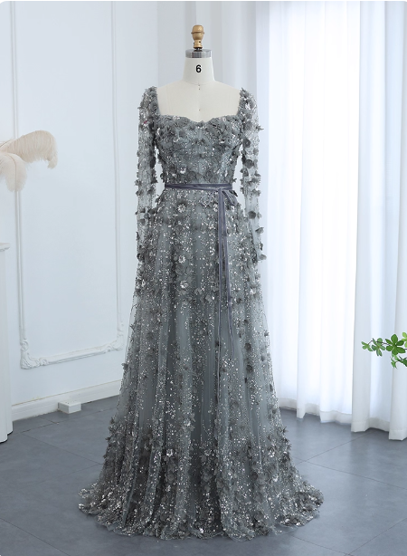 Dreamy Grey A-Line Square Neck Long Sleeve 3D Floral Sequin Tulle Long Prom Dress Evening Dress