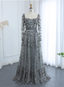 Dreamy Grey A-Line Square Neck Long Sleeve 3D Floral Sequin Tulle Long Prom Dress Evening Dress