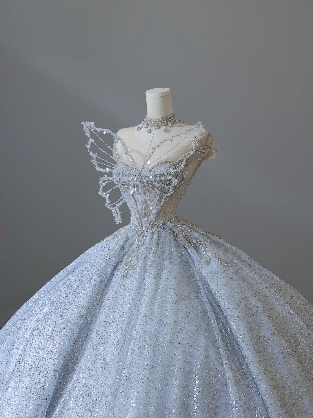 Dreamy Ice Crystal Blue Shiny Bowknot Floor-Length Wedding Dress