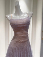 Dreamy Lavender A-Line Suspender Strap Pleated Tulle Long Prom Dress Evening Dress