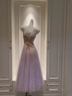 Dreamy Lavender A-Line Suspender Strap Pleated Tulle Long Prom Dress Evening Dress