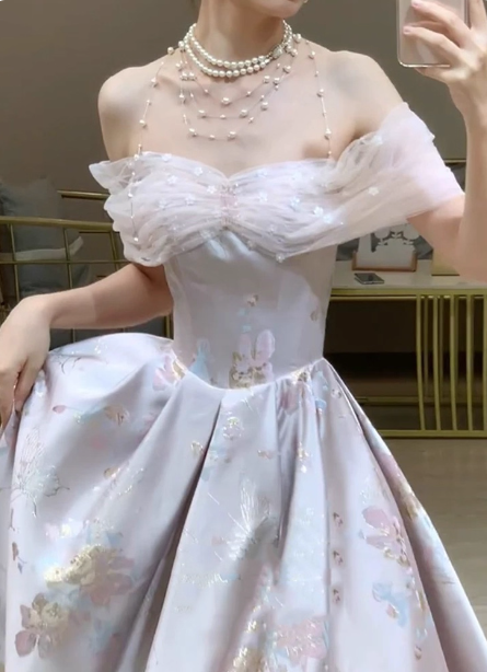 Dreamy Lavender Gray Pink A-Line Off-The-Shoulder Printed Satin Long Prom Dress Evening Dress