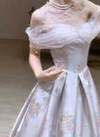 Dreamy Lavender Gray Pink A-Line Off-The-Shoulder Printed Satin Long Prom Dress Evening Dress