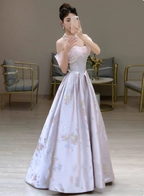 Dreamy Lavender Gray Pink A-Line Off-The-Shoulder Printed Satin Long Prom Dress Evening Dress