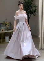 Dreamy Lavender Gray Pink A-Line Off-The-Shoulder Printed Satin Long Prom Dress Evening Dress