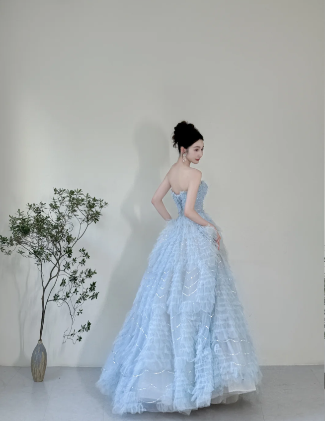 Dreamy Light Blue A-Line Strapless Tulle Floor-Length Prom Dress Evening Dress