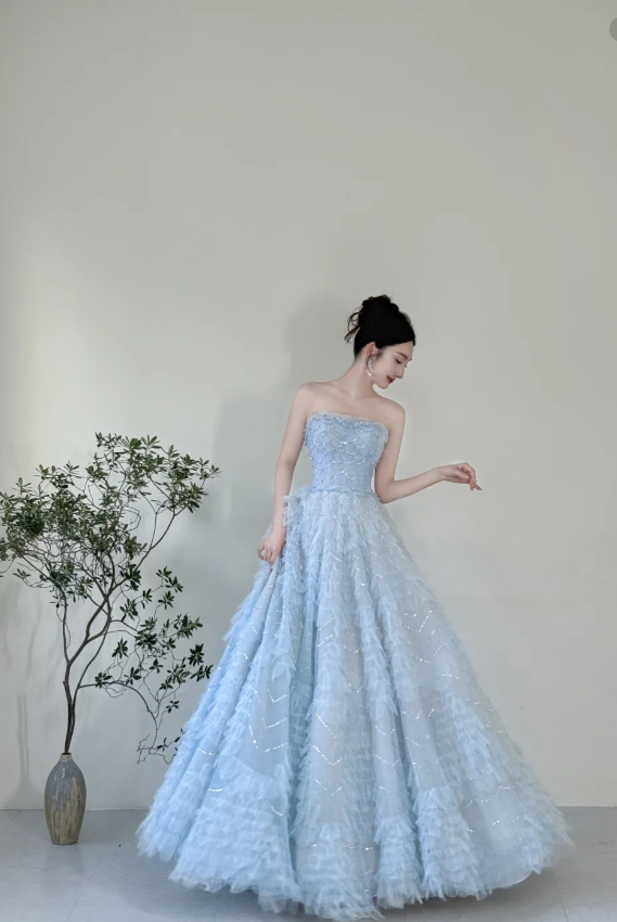 Dreamy Light Blue A-Line Strapless Tulle Floor-Length Prom Dress Evening Dress