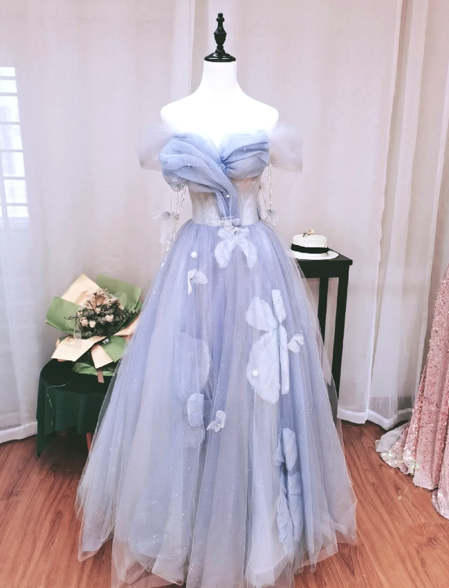 Dreamy Light Blue Butterfly Off-Shoulder Tulle Floor Length Ball Gown Evening Dress Secondary image