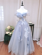 Dreamy Light Blue Butterfly Off-Shoulder Tulle Floor Length Ball Gown Evening Dress