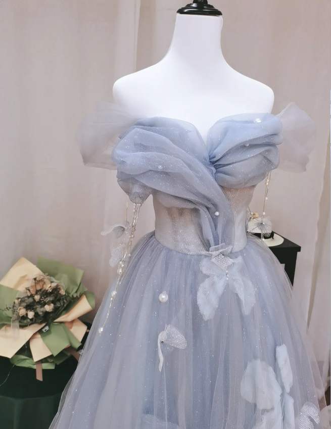 Dreamy Light Blue Butterfly Off-Shoulder Tulle Floor Length Ball Gown Evening Dress