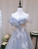 Dreamy Light Blue Butterfly Off-Shoulder Tulle Floor Length Ball Gown Evening Dress