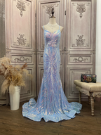 Dreamy Light Blue Ombre Mermaid Spaghetti Strap Iridescent Sequin Train Prom Dress Evening Dress