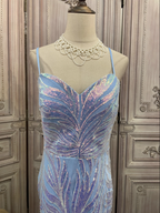 Dreamy Light Blue Ombre Mermaid Spaghetti Strap Iridescent Sequin Train Prom Dress Evening Dress