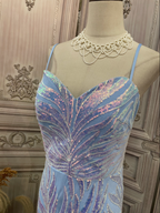 Dreamy Light Blue Ombre Mermaid Spaghetti Strap Iridescent Sequin Train Prom Dress Evening Dress