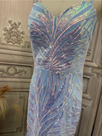 Dreamy Light Blue Ombre Mermaid Spaghetti Strap Iridescent Sequin Train Prom Dress Evening Dress