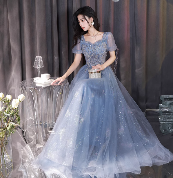 Dreamy Light Blue Square Neck Puff Sleeve A-Line Embroidered Sequined Tulle Long Prom Dress Evening Dress Secondary image