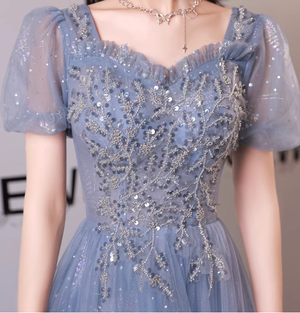 Dreamy Light Blue Square Neck Puff Sleeve A-Line Embroidered Sequined Tulle Long Prom Dress Evening Dress