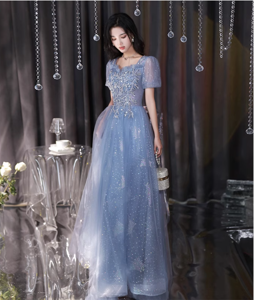 Dreamy Light Blue Square Neck Puff Sleeve A-Line Embroidered Sequined Tulle Long Prom Dress Evening Dress