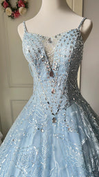 Dreamy Light Blue V-Neck Rhinestone Tulle Long Prom Dress Evening Dress