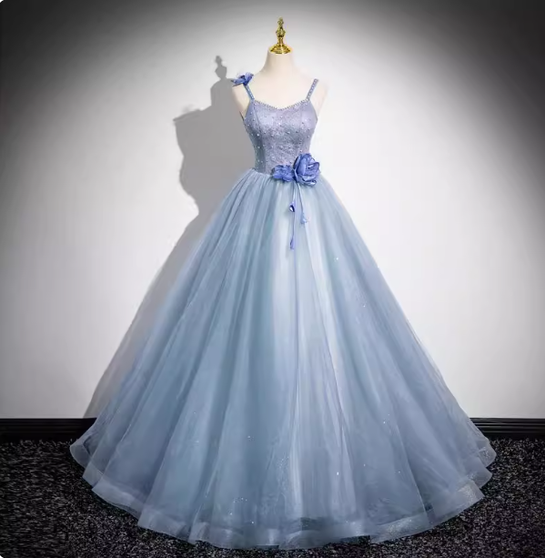 Dreamy Light Haze Blue Thin Strap 3D Floral Tulle Ball Gown Evening Dress Sweet 16 Dress Secondary image