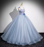 Dreamy Light Haze Blue Thin Strap 3D Floral Tulle Ball Gown Evening Dress Sweet 16 Dress