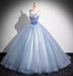 Dreamy Light Haze Blue Thin Strap 3D Floral Tulle Ball Gown Evening Dress Sweet 16 Dress