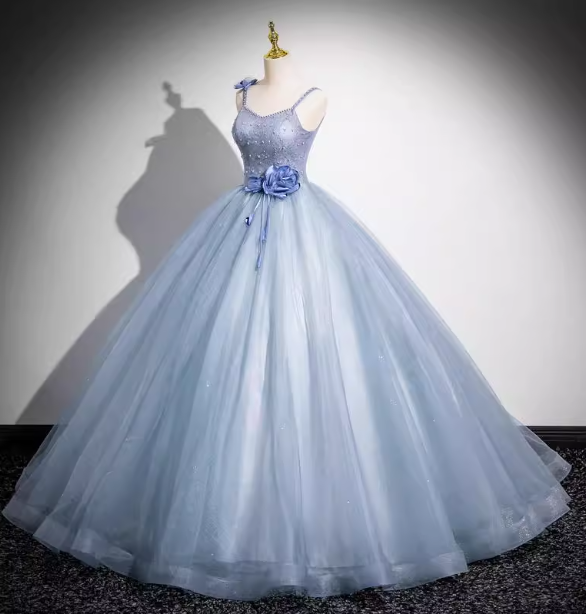 Dreamy Light Haze Blue Thin Strap 3D Floral Tulle Ball Gown Evening Dress Sweet 16 Dress