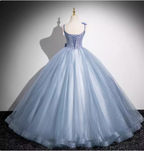Dreamy Light Haze Blue Thin Strap 3D Floral Tulle Ball Gown Evening Dress Sweet 16 Dress
