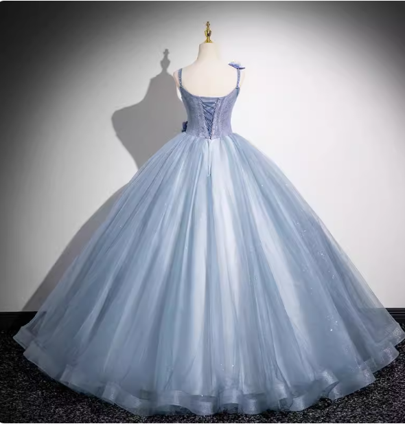 Dreamy Light Haze Blue Thin Strap 3D Floral Tulle Ball Gown Evening Dress Sweet 16 Dress
