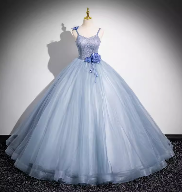 Dreamy Light Haze Blue Thin Strap 3D Floral Tulle Ball Gown Evening Dress Sweet 16 Dress Main image