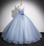 Dreamy Light Haze Blue Thin Strap 3D Floral Tulle Ball Gown Evening Dress Sweet 16 Dress