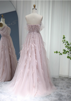 Dreamy Light Pink A-Line Sweetheart Neck Feather Beaded Tulle Long Prom Dress Evening Dress