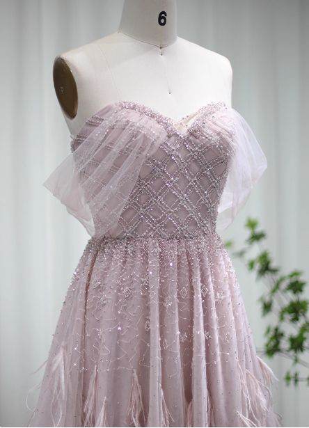 Dreamy Light Pink A-Line Sweetheart Neck Feather Beaded Tulle Long Prom Dress Evening Dress