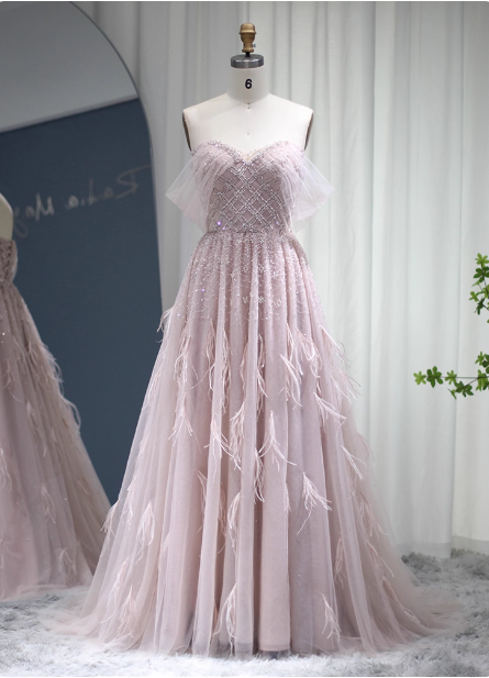 Dreamy Light Pink A-Line Sweetheart Neck Feather Beaded Tulle Long Prom Dress Evening Dress Main image