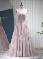 Dreamy Light Pink A-Line Sweetheart Neck Feather Beaded Tulle Long Prom Dress Evening Dress