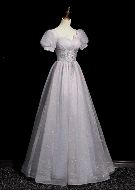 Dreamy Light Purple A-Line Square Neck Short Sleeve Tulle Long Prom Dress Evening Dress