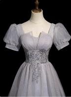 Dreamy Light Purple A-Line Square Neck Short Sleeve Tulle Long Prom Dress Evening Dress