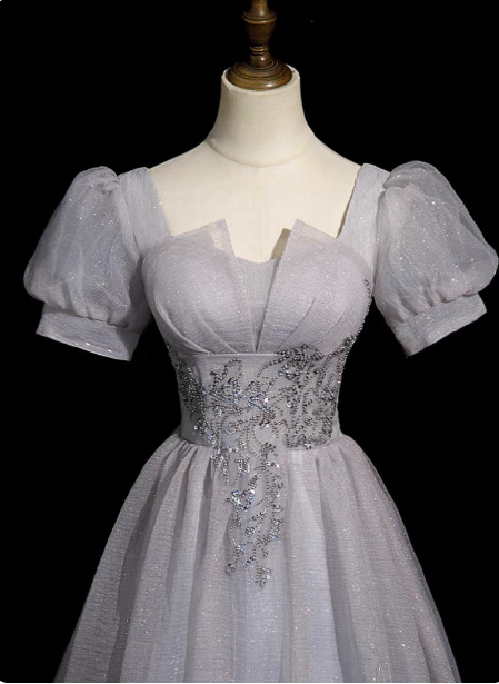 Dreamy Light Purple A-Line Square Neck Short Sleeve Tulle Long Prom Dress Evening Dress