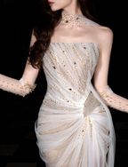 Dreamy Mermaid Strapless High-Slit Rhinestone Tulle Long Prom Dress Evening Dress