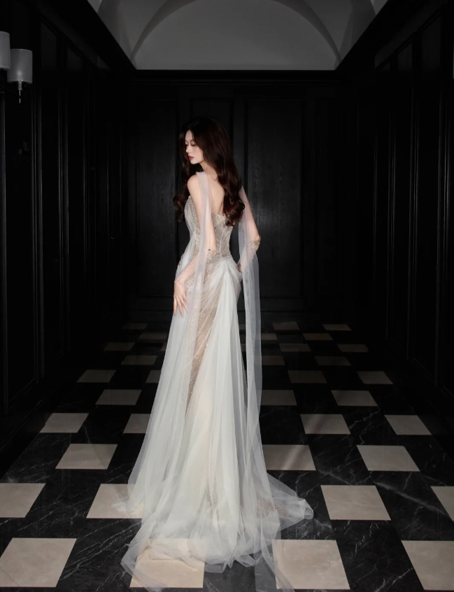 Dreamy Mermaid Strapless High-Slit Rhinestone Tulle Long Prom Dress Evening Dress