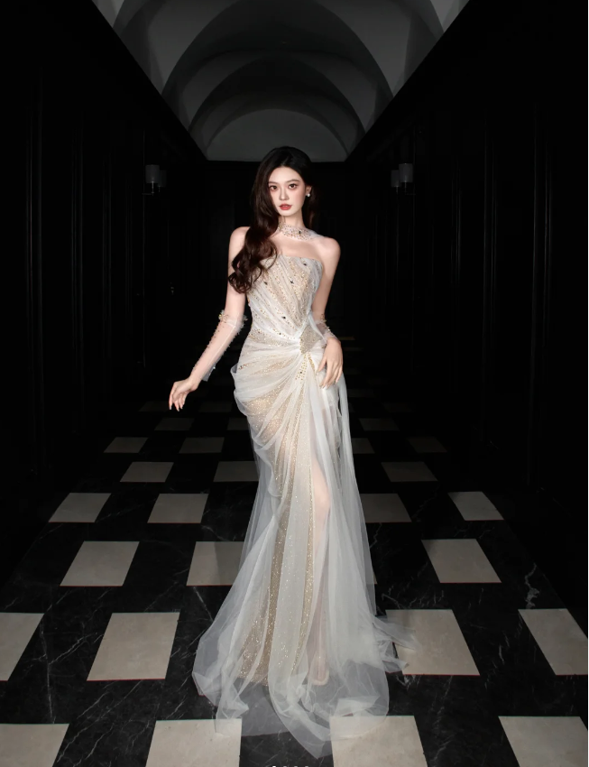 Dreamy Mermaid Strapless High-Slit Rhinestone Tulle Long Prom Dress Evening Dress