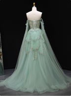 Dreamy Mint Green Off-The-Shoulder Sequin Layered Tulle Train Prom Dress Evening Dress