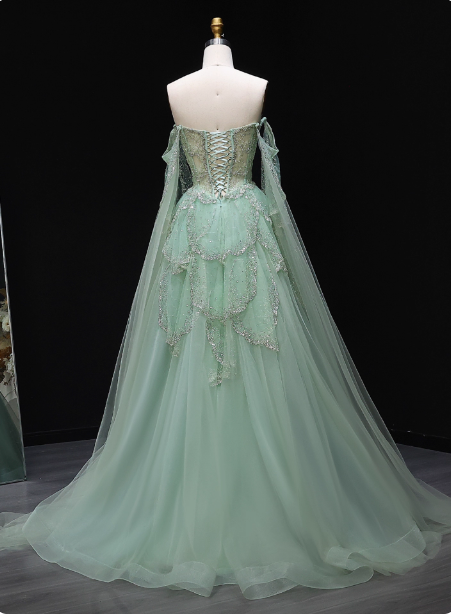 Dreamy Mint Green Off-The-Shoulder Sequin Layered Tulle Train Prom Dress Evening Dress