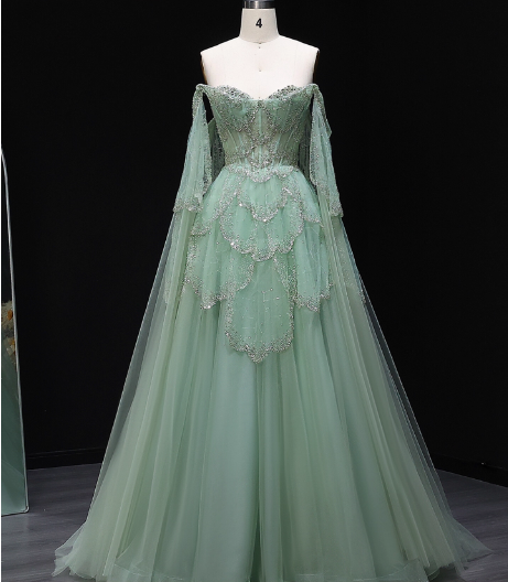 Dreamy Mint Green Off-The-Shoulder Sequin Layered Tulle Train Prom Dress Evening Dress