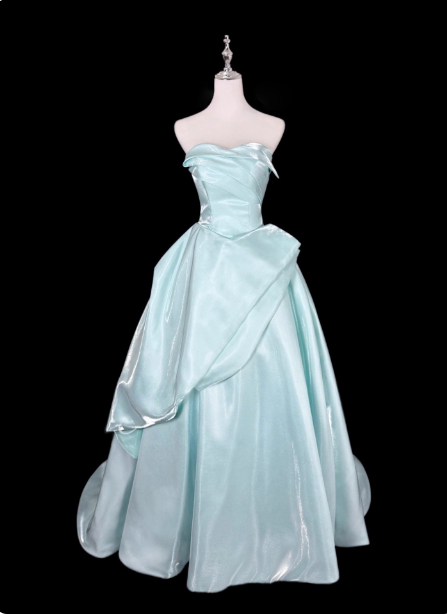 Dreamy Mint Light Blue A-Line Strapless Satin Prom Dress Evening Dress