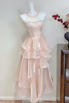 Dreamy Pink A-Line Halter Neck Ruffled Satin Prom Dress Evening Dress Bridesmaid Dress