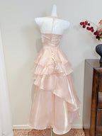 Dreamy Pink A-Line Halter Neck Ruffled Satin Prom Dress Evening Dress Bridesmaid Dress