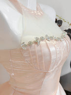 Dreamy Pink A-Line Halter Neck Ruffled Satin Prom Dress Evening Dress Bridesmaid Dress