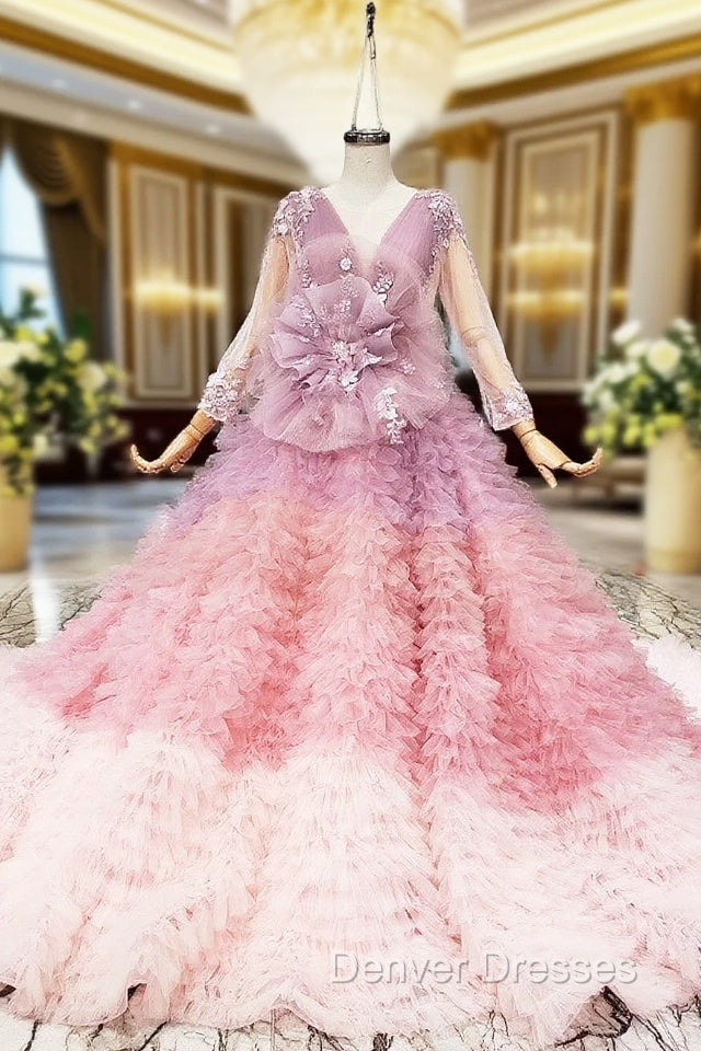 Dreamy Pink Ball Gown V-neck Long Sleeve Tulle Pleats Appliques Wedding Dress Main image